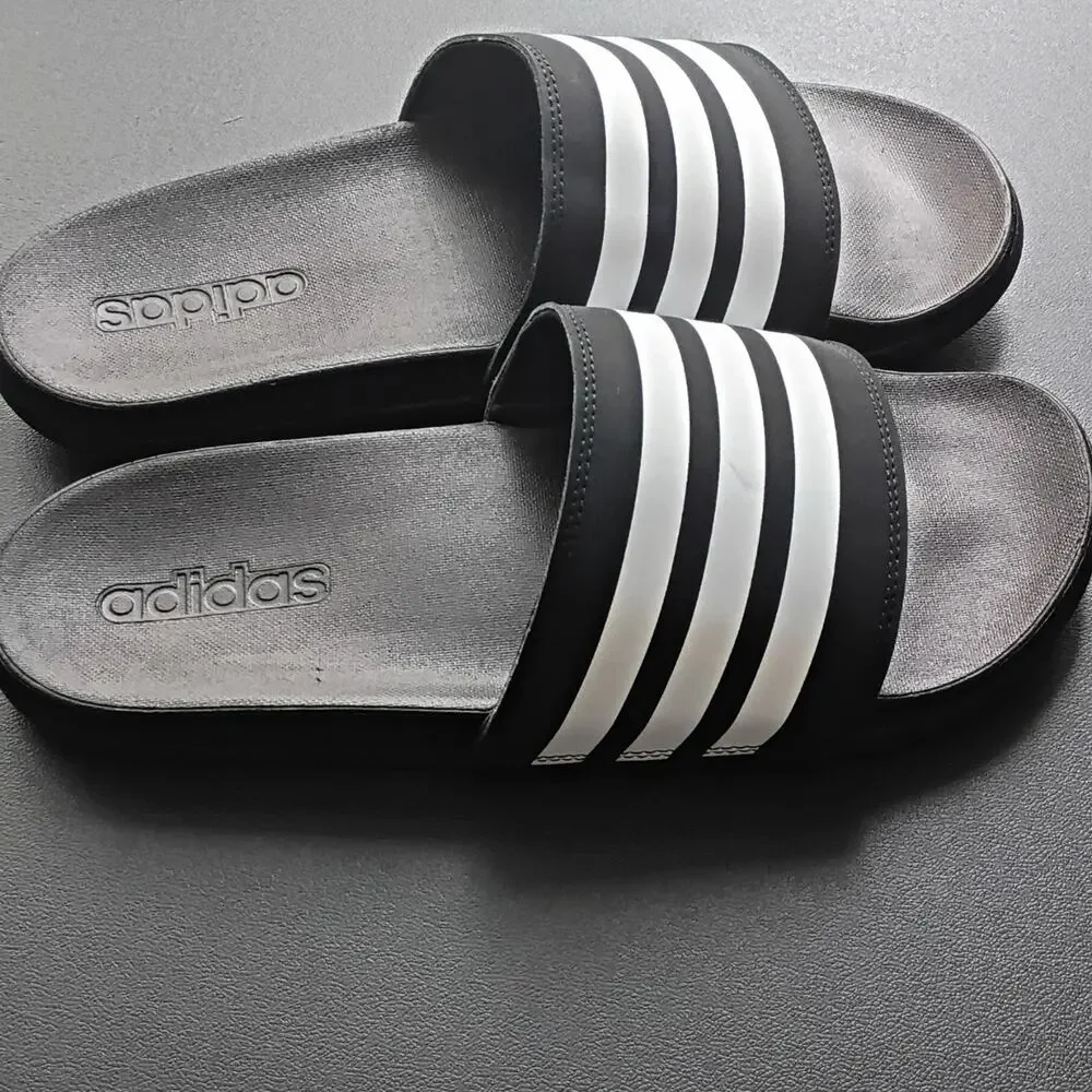 adidas Men's Black/White 3-Stripes Slide Sandals Slip-On Logo Accent US 9